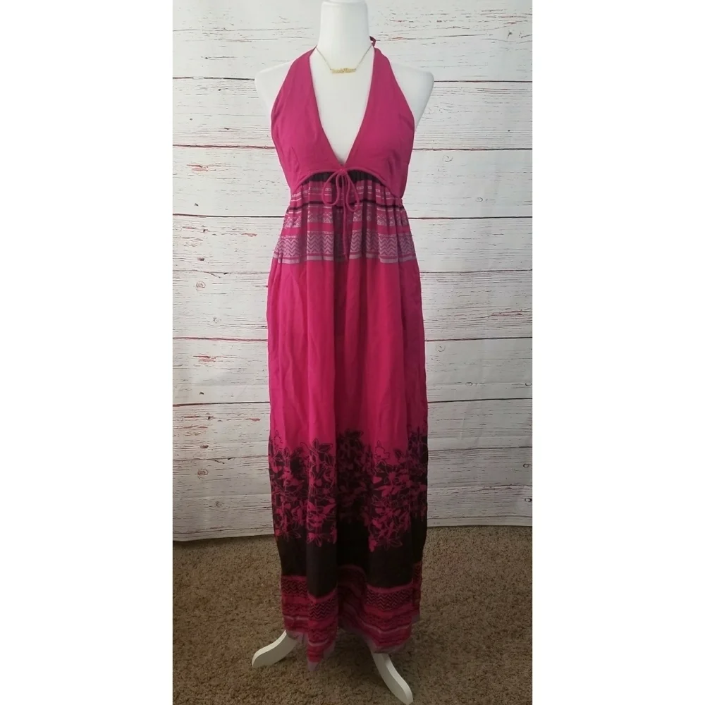 FREE PEOPLE // boho fuchsia print open back wide leg halter style jumpsuit